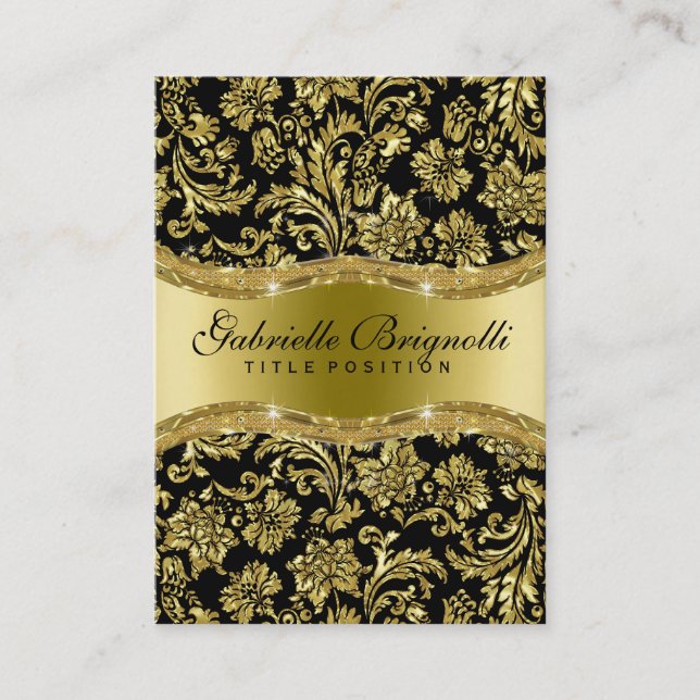 Carte De Visite Elégant métal brillant Or & noir floral Damas (Devant)