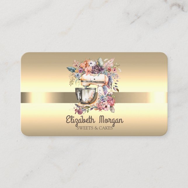 Carte De Visite Élégant Mixeur Floral Professionnel Bande Or (Devant)