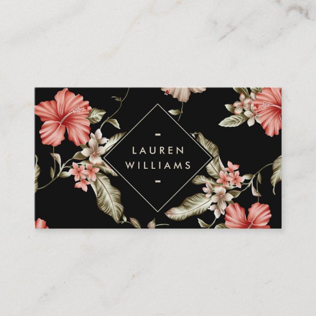 Carte De Visite Élégant modèle floral noir et or (Devant)