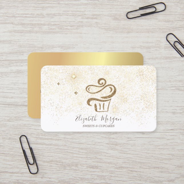 Carte De Visite Elegant Modern Gold Confetti Cupcake (Devant/Arrière en situation)