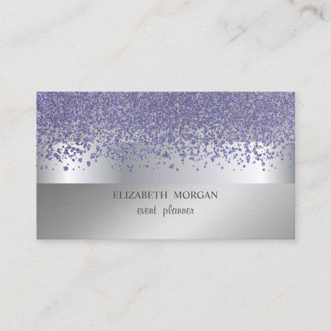 Carte De Visite Élégant, Moderne, Bande Argent Diamants Violet (Devant)