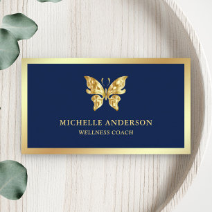Carte De Visite Élégant Moderne Chic Papillon Feuille D'or Bleu