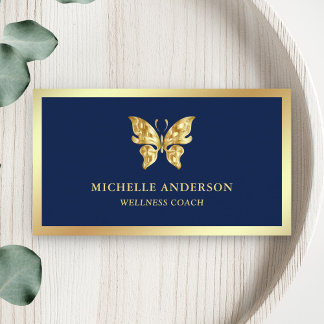 Carte De Visite Élégant Moderne Chic Papillon Feuille D'or Bleu
