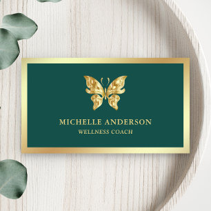 Carte De Visite Élégant Moderne Chic Papillon Feuille Dorée Verte