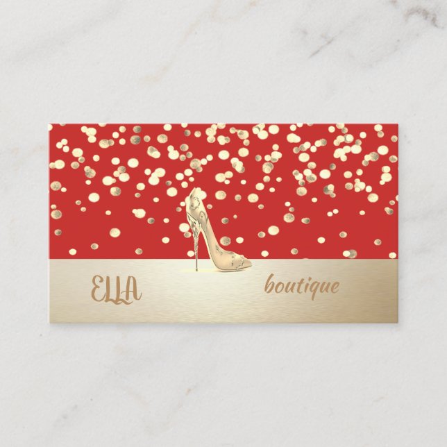 Carte De Visite Élégant, Moderne, Confetti Or, Talon Haut, Rouge (Devant)