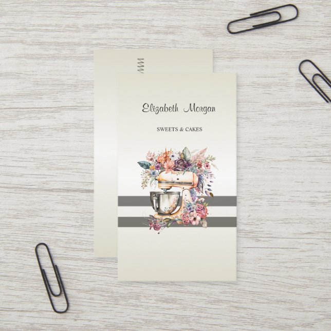 Carte De Visite Élégant Moderne, Grillé, Mélangeur floral pâtissie (Devant/Arrière en situation)