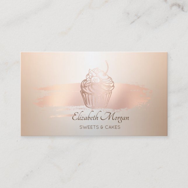 Carte De Visite Élégant, moderne, Rose pinceau or brosse Cupcake (Devant)