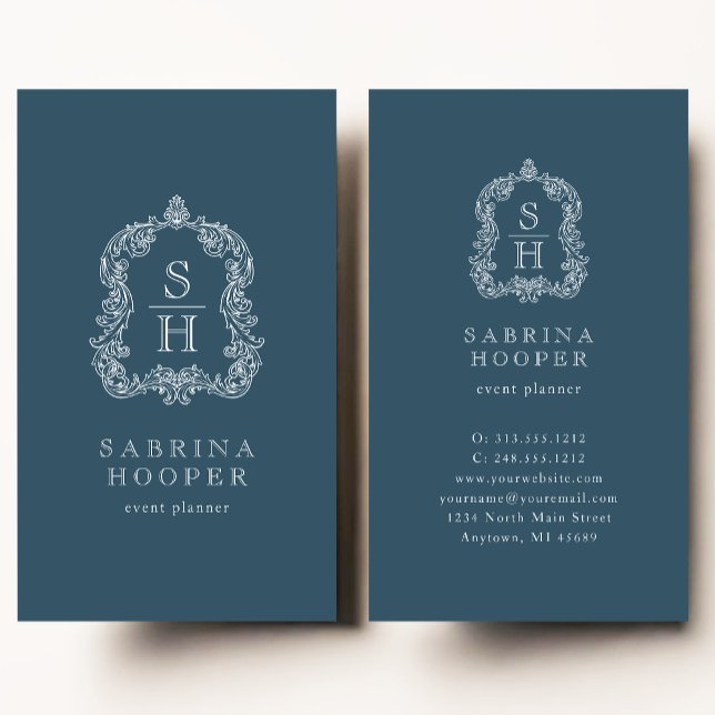 Carte De Visite Élégant Monogram Crest Event Planner Indigo (Créateur téléchargé)