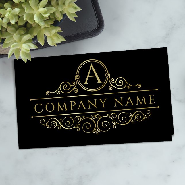 Carte De Visite Élégant Monogramme en or sur noir (Créateur téléchargé)