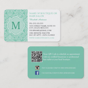 Carte De Visite Élégant Monogramme Féminin Damassé Boutique Menthe