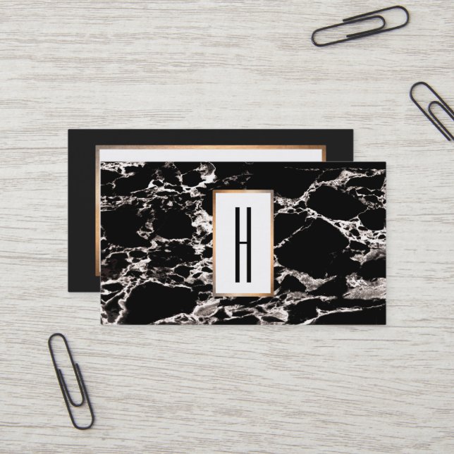 Carte De Visite Élégant Monogramme Moderne, Marbre Noir, Pierre (Devant/Arrière en situation)