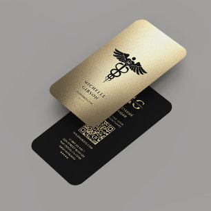 Carte De Visite Élégant Monogramme Noir Faux Or Caduceus Médicale