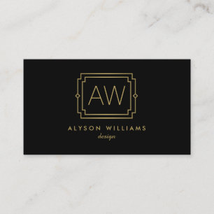Carte De Visite Élégant Monogramme professionnel Art Déco Noir/Or