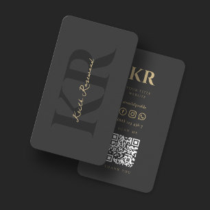 Carte De Visite Élégant Monogramme QR Code professionnel gris fonc