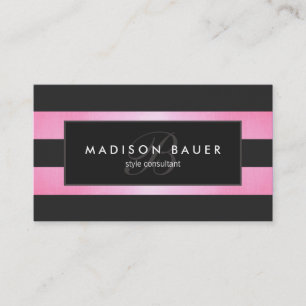 Carte De Visite Élégant Monogramme rayé noir et rose Salon