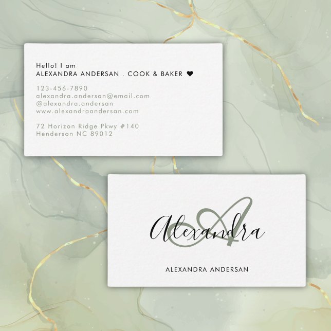 Carte De Visite Élégant Monogramme Sage Vert noir Nom du script (Elegant Monogram Sage Green Black Script Name Business Card)