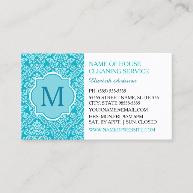 Carte De Visite Élégant Monogramme Turquoise Damask Ménage (Devant)