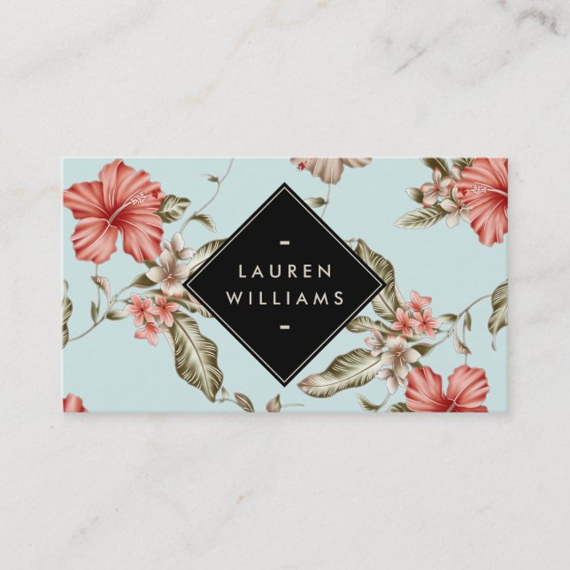 Carte De Visite Élégant motif floral de la Chinoiserie sur bleu Vi (Devant)