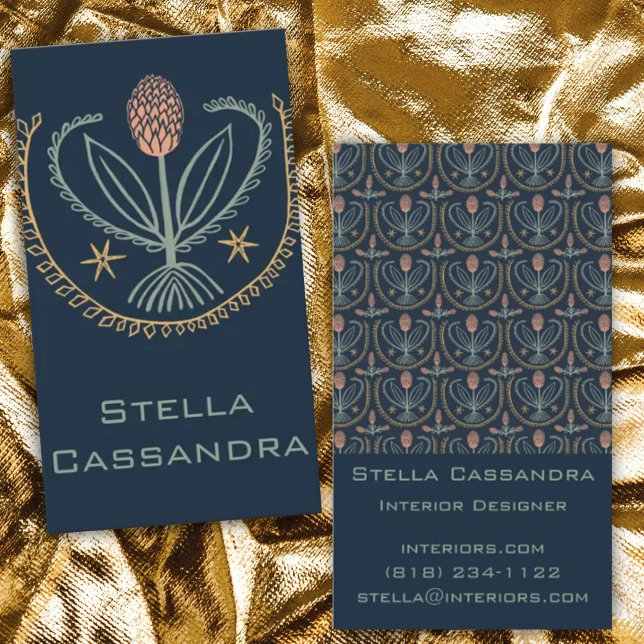 Carte De Visite Elégant motif floral Lucile Carreaux Bleu profond (Créateur téléchargé)