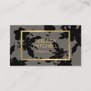 Carte De Visite Élégant motif floral noir avec accents or