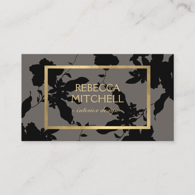 Carte De Visite Élégant motif floral noir avec accents or (Devant)