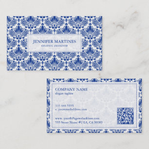 Carte De Visite Elégant Motif Royal Bleu Et Blanc Damas