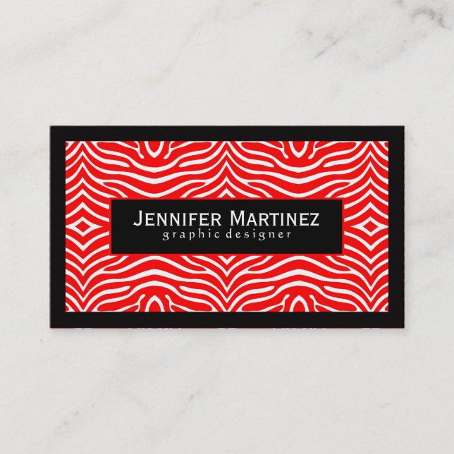 Carte De Visite Elégant motif Zèbre Rouge & Blanc Accents Noir (Devant)