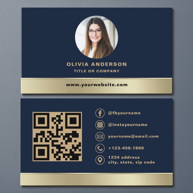 Carte De Visite Elegant Navy Blue Gold Logo QR Code Photo (Créateur téléchargé)