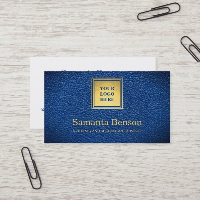 Carte De Visite Elegant Navy Blue Leather Professional Your Logo (Devant/Arrière en situation)