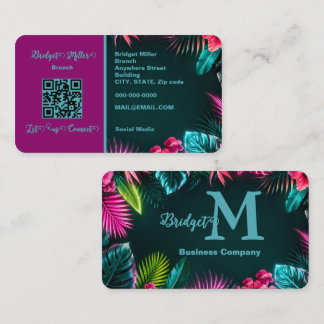 Carte De Visite Élégant Néon Tropical Feuilles QR Entreprise