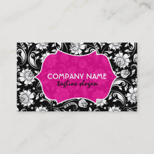 Carte De Visite Élégant Noir Blanc Et Rose Floral Damas