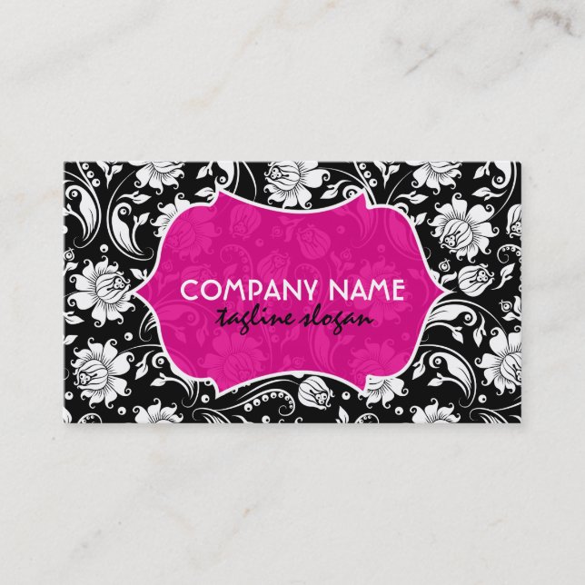 Carte De Visite Élégant Noir Blanc Et Rose Floral Damas (Devant)