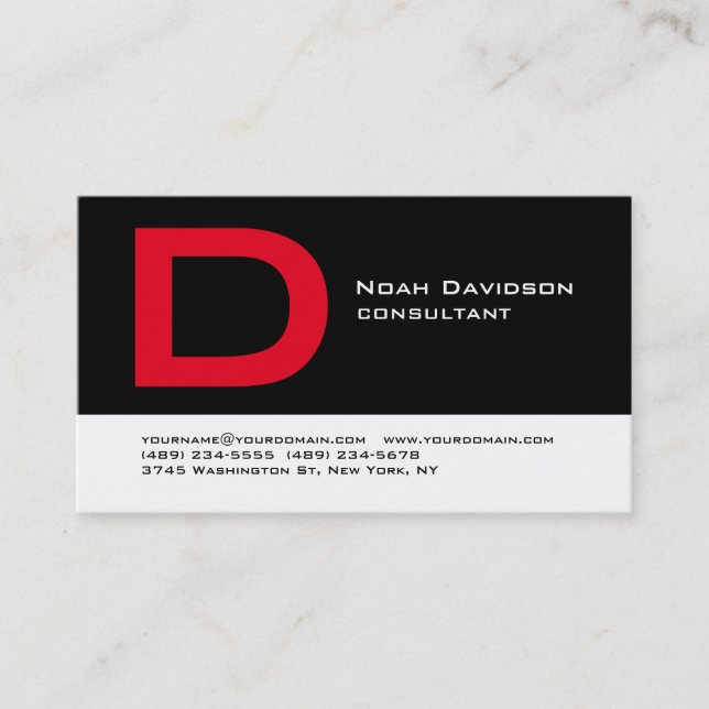 Carte De Visite Élégant Noir Blanc Rouge Monogramme Professionnel (Devant)