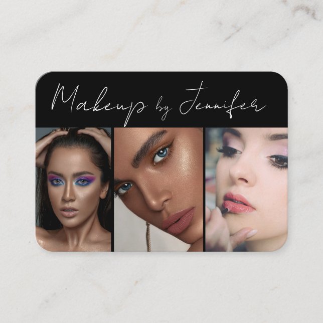 Carte De Visite Élégant noir blanc Script 3 maquillage photo (Devant)