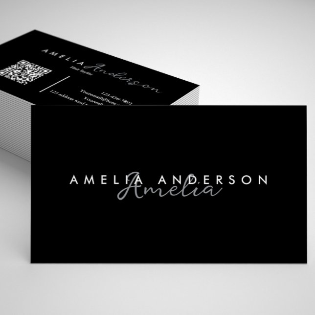 Carte De Visite Élégant Noir Blanc Script simple Code QR Business (Créateur téléchargé)