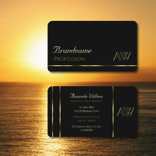 Carte De Visite Elégant noir brillant Gold Stripes avec Monogramme