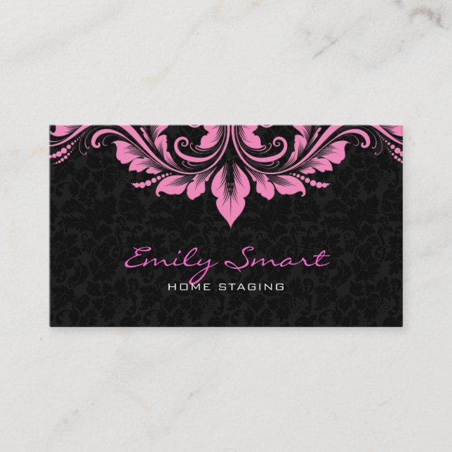 Carte De Visite Élégant noir Damas rose florale torrents (Devant)
