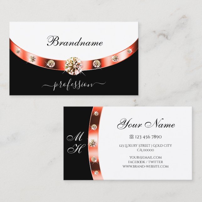 Carte De Visite Elégant noir et blanc Rose Gold avec Monogramme (Devant / Derrière)