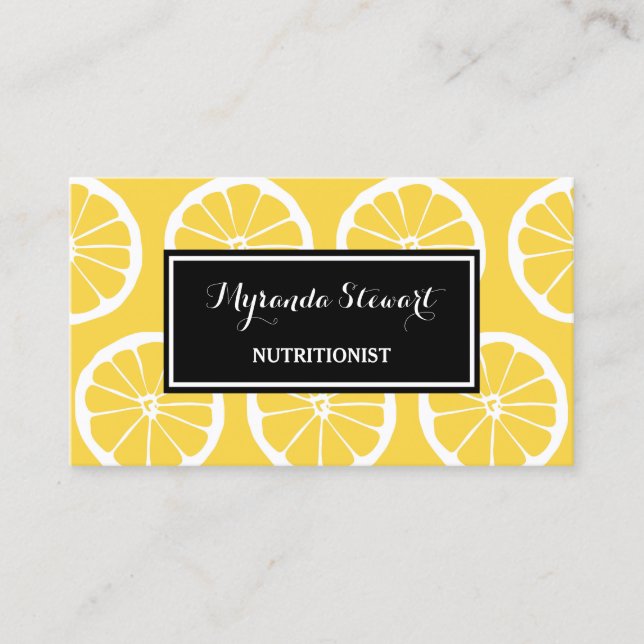 Carte De Visite Élégant Noir et Jaune Lemon Slices Nutritionniste (Devant)