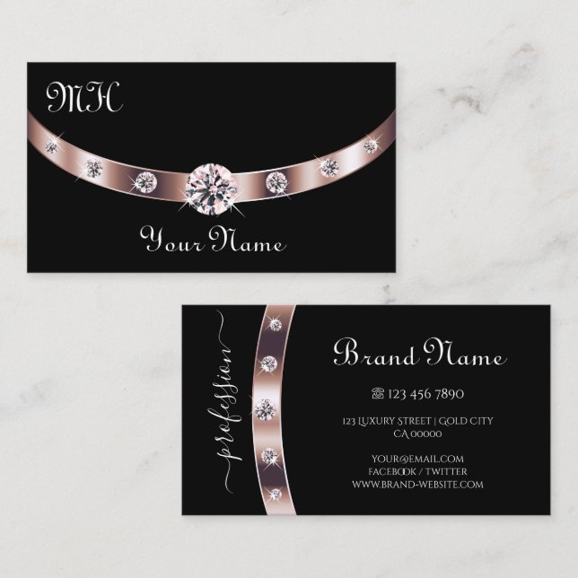 Carte De Visite Elégant Noir et Rose Gold avec Monogram Elegant (Devant / Derrière)