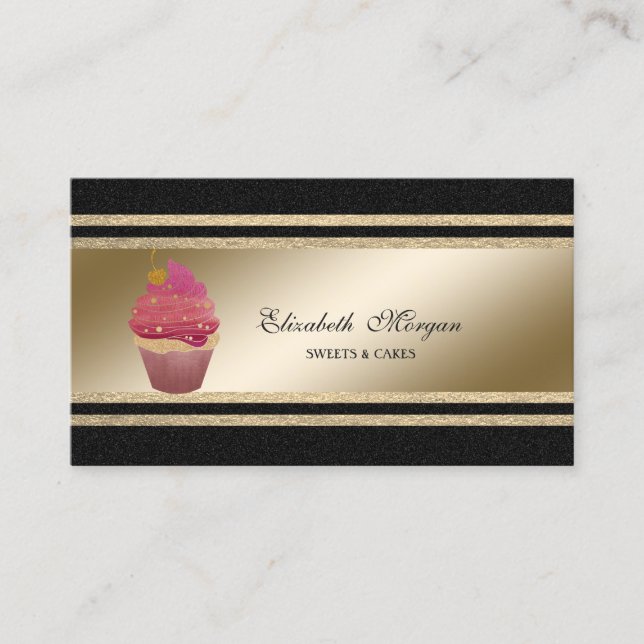 Carte De Visite Elégant Noir, Faux Gold Glittery Stripes Cupcake (Devant)