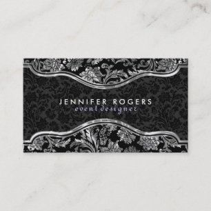 Carte De Visite Elégant noir & métal argenté Vintage Damas