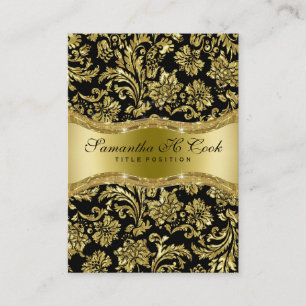 Carte De Visite Elégant noir & métal or florale Damas