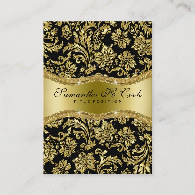Carte De Visite Elégant noir & métal or florale Damas (Devant)