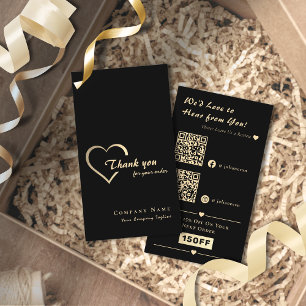 Carte De Visite Elégant noir & or brillant coeur QR Code Merci