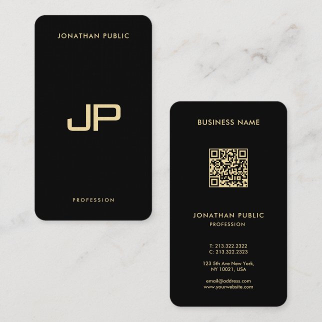 Carte De Visite Elégant noir & or QR Code Luxury Premium Linen (Devant / Derrière)