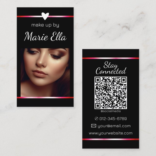Carte De Visite Élégant noir rose Coeur photo QR Code Modèle (Devant / Derrière)