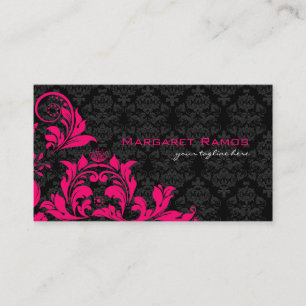 Carte De Visite Elégant noir rose et blanc Vintage Damas florales