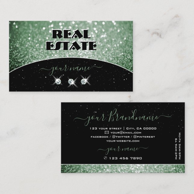 Carte De Visite Elégant noir vert étincelant Parties scintillant s (Devant / Derrière)