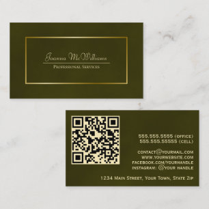 Carte De Visite Elégant Olive Green & Gold Professional QR Code